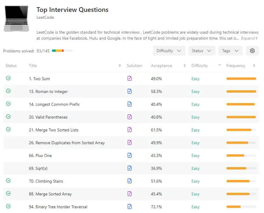 Screenshot of LeetCode's top interview questions page sorted by difficulty from easy to hard