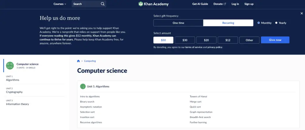 Khan Academy's computer science curriculum including algorithms